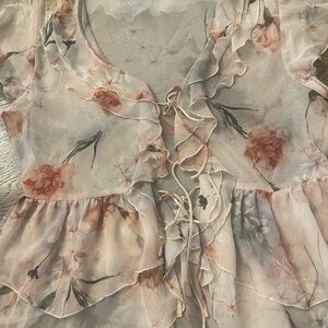 Zara Sheer Floral Ruffle Blouse - Cream and Pink